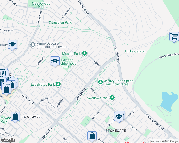 map of restaurants, bars, coffee shops, grocery stores, and more near 68 Quentin in Irvine