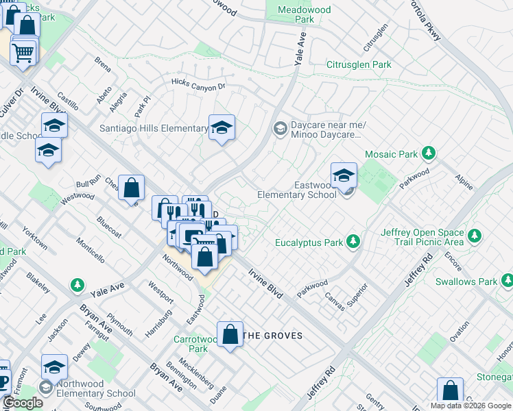 map of restaurants, bars, coffee shops, grocery stores, and more near 1 Prosa in Irvine