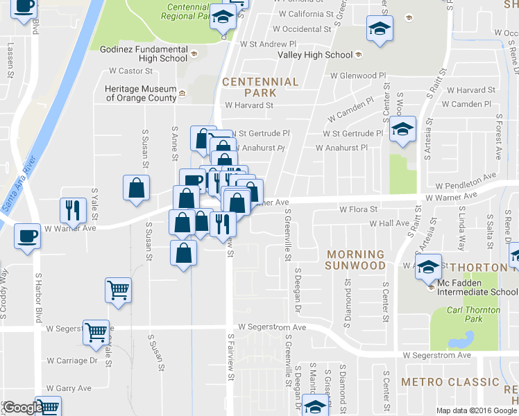 map of restaurants, bars, coffee shops, grocery stores, and more near 2314 South Everglade Street in Santa Ana