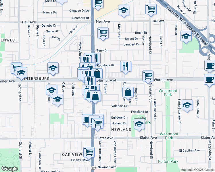 map of restaurants, bars, coffee shops, grocery stores, and more near 8111 Major Circle in Huntington Beach
