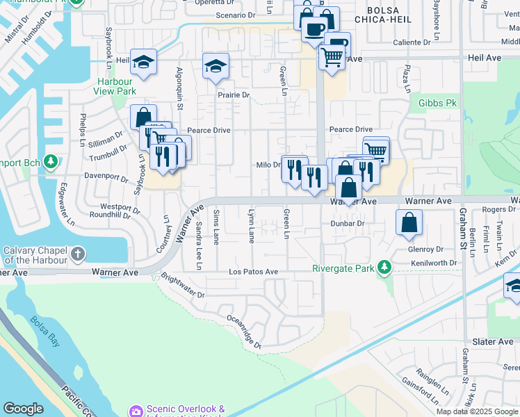 map of restaurants, bars, coffee shops, grocery stores, and more near 16982 Lynn Lane in Huntington Beach