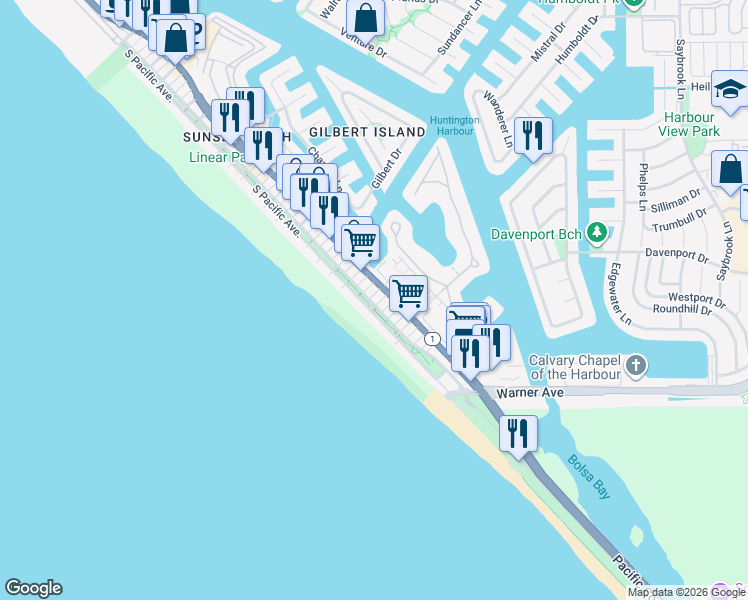 map of restaurants, bars, coffee shops, grocery stores, and more near 16975 8th Street in Huntington Beach