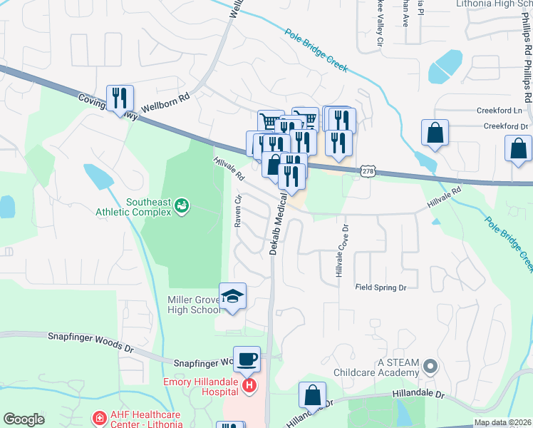 map of restaurants, bars, coffee shops, grocery stores, and more near 2398 Raven Circle in Lithonia