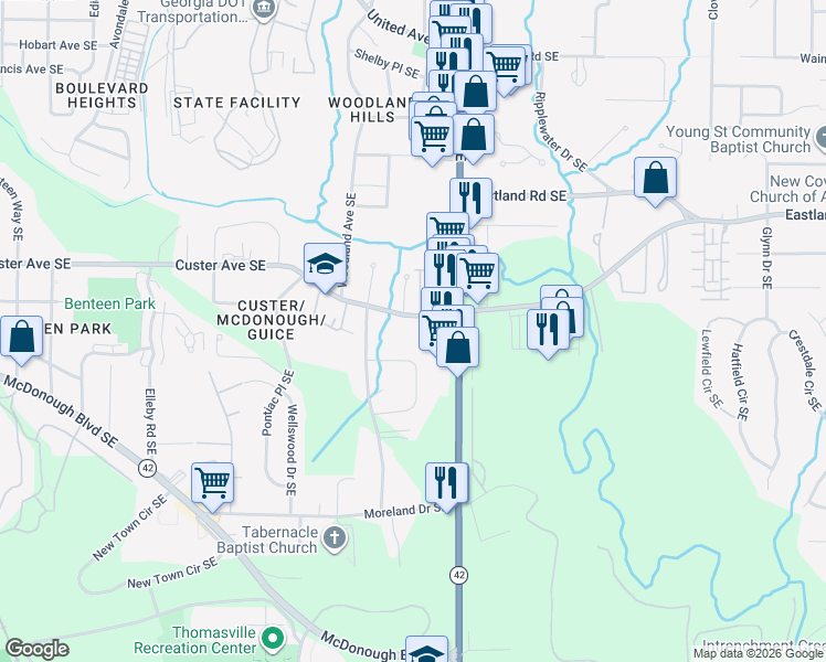 map of restaurants, bars, coffee shops, grocery stores, and more near 1406 Heights Park Drive in Atlanta