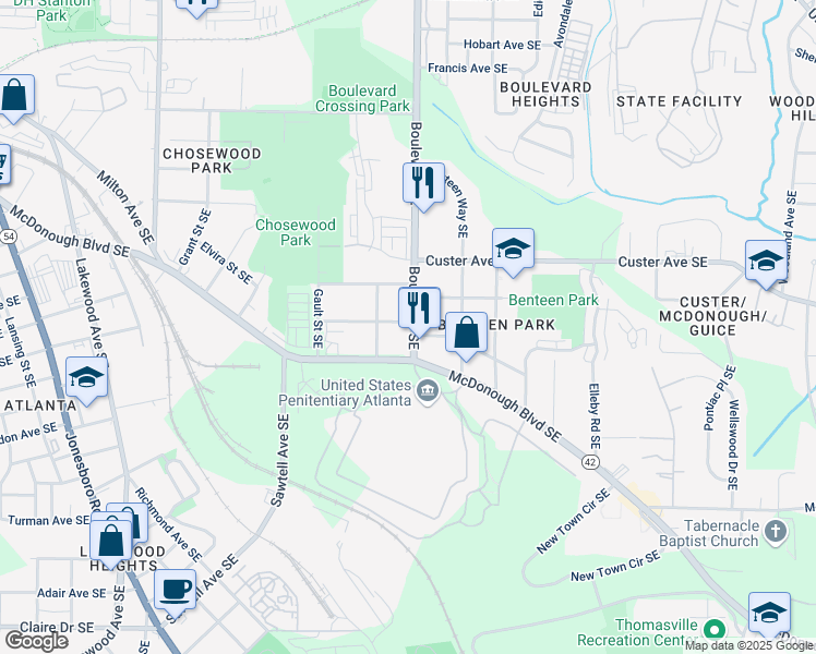 map of restaurants, bars, coffee shops, grocery stores, and more near 593 Federal Terrace Southeast in Atlanta