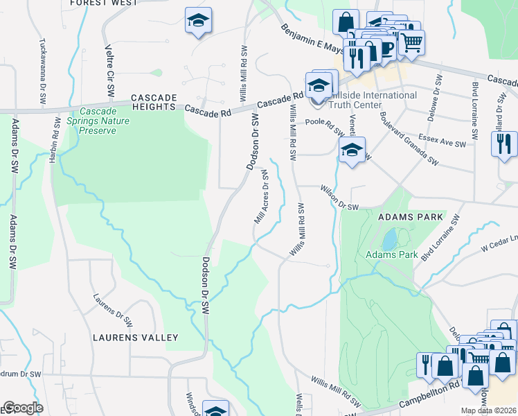 map of restaurants, bars, coffee shops, grocery stores, and more near 1477 Mill Acres Drive Southwest in Atlanta