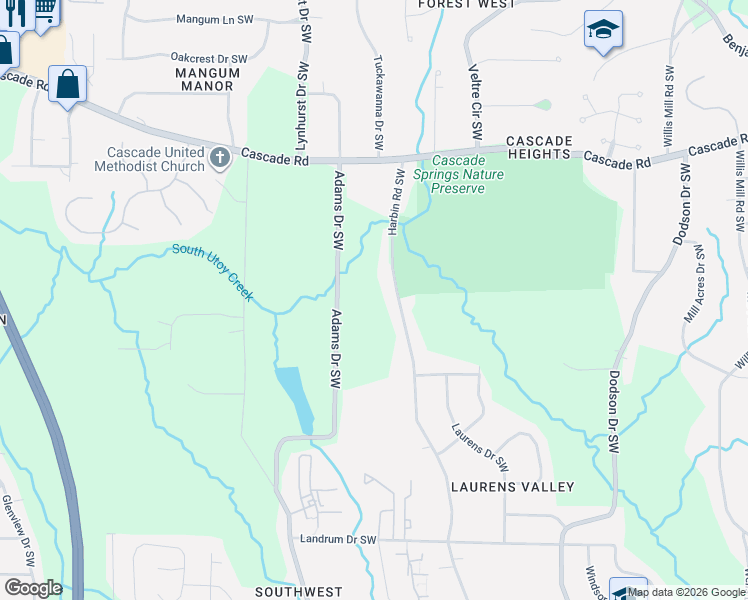 map of restaurants, bars, coffee shops, grocery stores, and more near 1475 Harbin Road Southwest in Atlanta