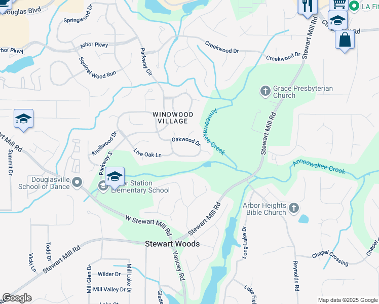 map of restaurants, bars, coffee shops, grocery stores, and more near 6567 Oakwood Drive in Douglasville