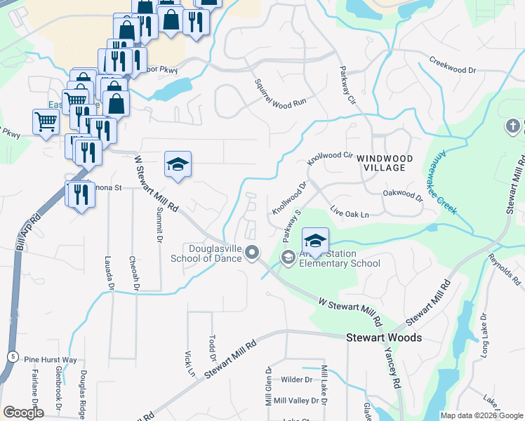 map of restaurants, bars, coffee shops, grocery stores, and more near 8994 Laurel Drive in Douglasville