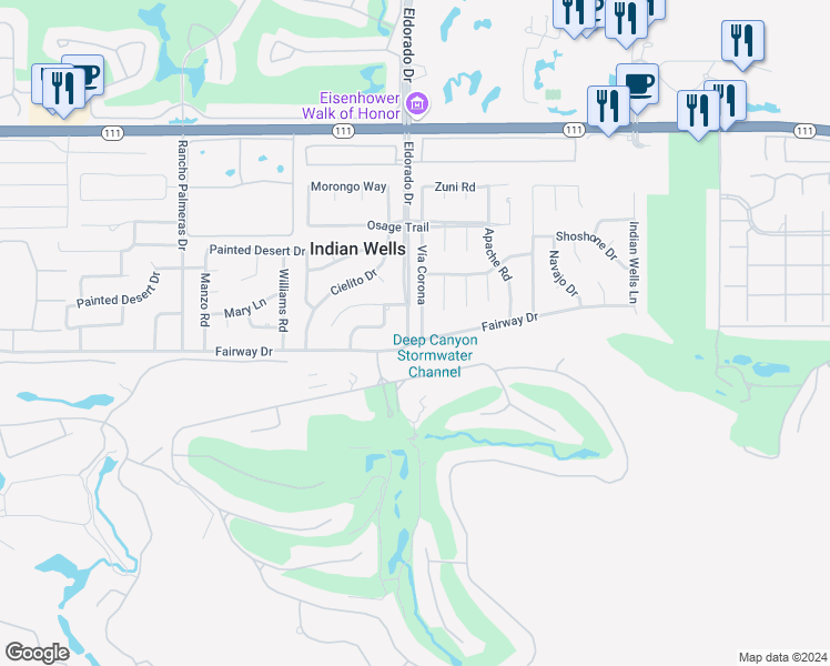 map of restaurants, bars, coffee shops, grocery stores, and more near 76010 Fairway Drive in Indian Wells