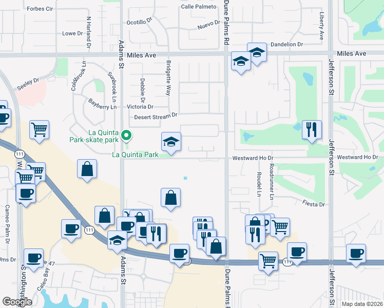 map of restaurants, bars, coffee shops, grocery stores, and more near 79385 Avenida Las Palmas in La Quinta