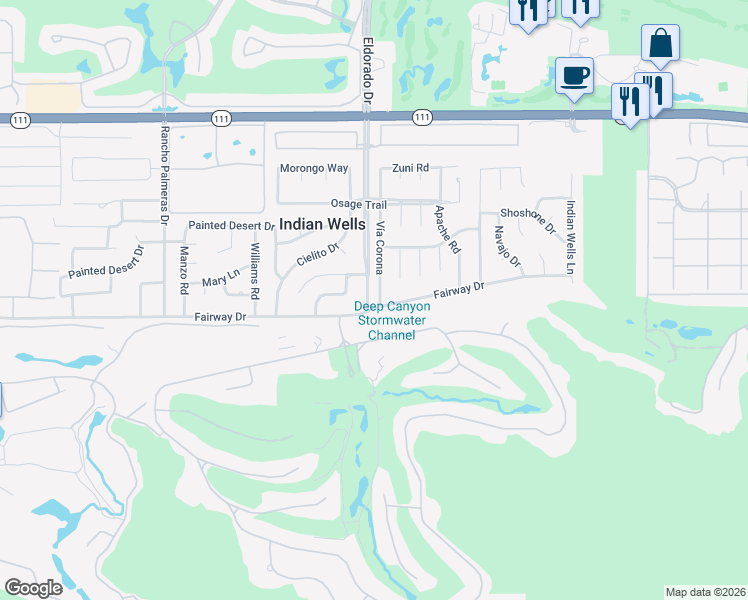 map of restaurants, bars, coffee shops, grocery stores, and more near 76010 Fairway Drive in Indian Wells