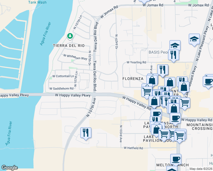 map of restaurants, bars, coffee shops, grocery stores, and more near 25563 North 105th Drive in Peoria