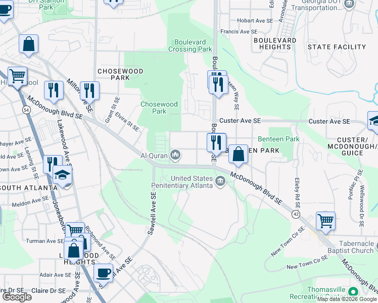 map of restaurants, bars, coffee shops, grocery stores, and more near 525 Federal Terrace Southeast in Atlanta