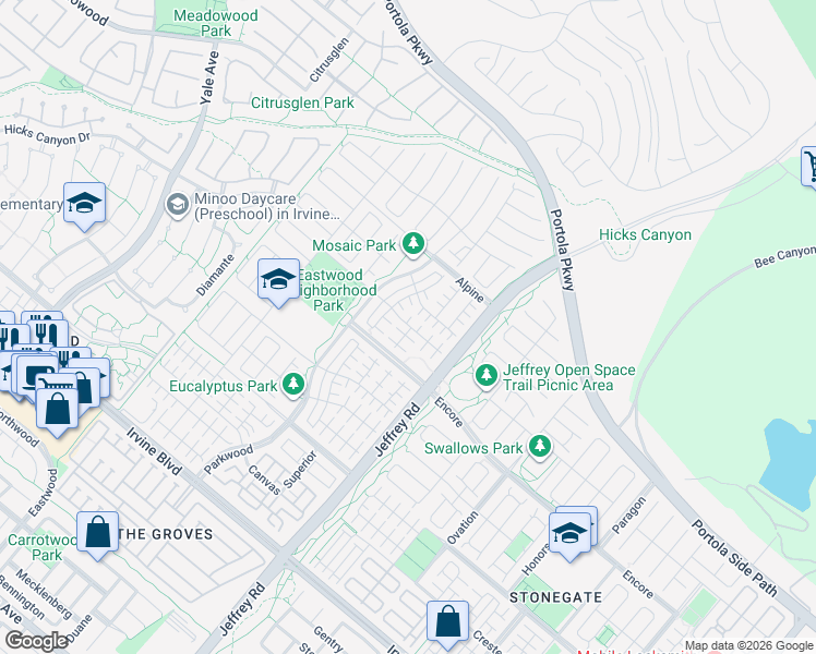 map of restaurants, bars, coffee shops, grocery stores, and more near 90 Quill in Irvine