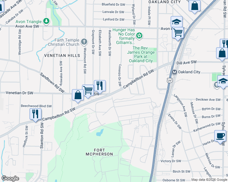 map of restaurants, bars, coffee shops, grocery stores, and more near 1437 Lorenzo Drive Southwest in Atlanta