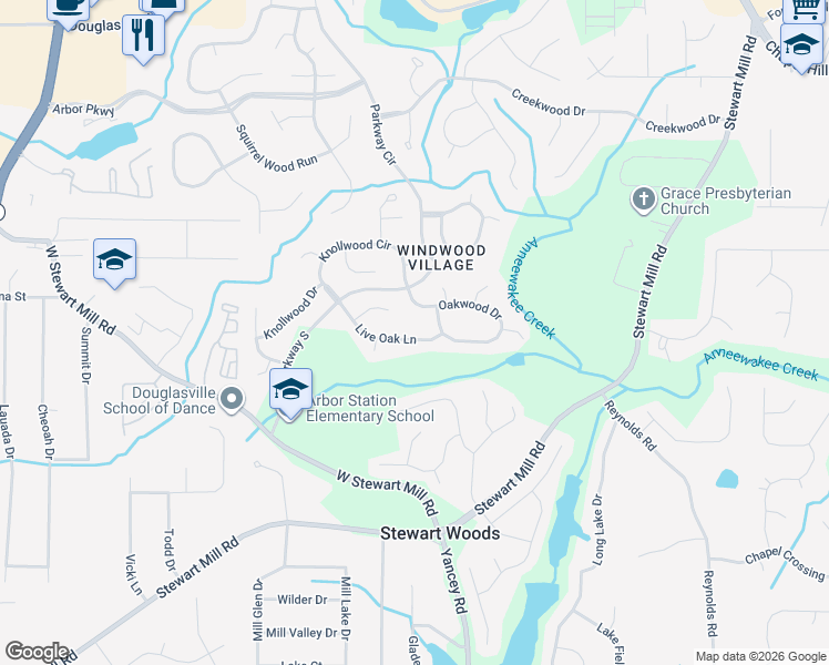 map of restaurants, bars, coffee shops, grocery stores, and more near 6694 Live Oak Lane in Douglasville
