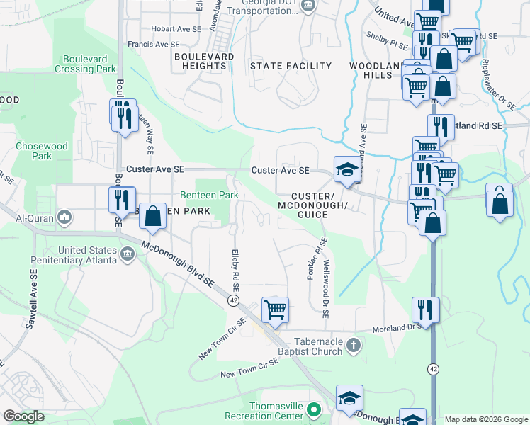 map of restaurants, bars, coffee shops, grocery stores, and more near 1356 Park Trace Southeast in Atlanta