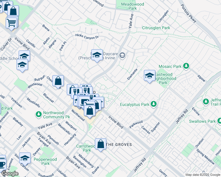 map of restaurants, bars, coffee shops, grocery stores, and more near 200 Pineview in Irvine