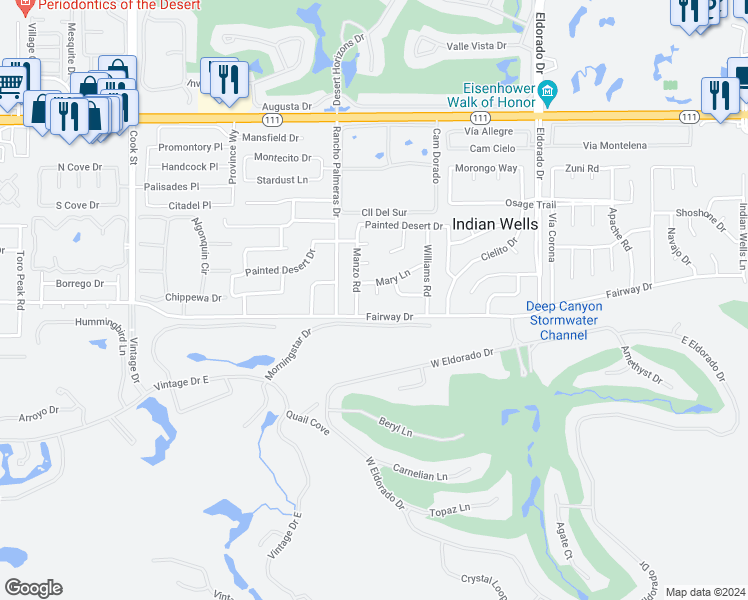 map of restaurants, bars, coffee shops, grocery stores, and more near 45851 Nancy Court in Indian Wells
