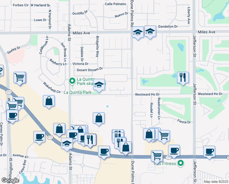 map of restaurants, bars, coffee shops, grocery stores, and more near 79405 Avenida Las Palmas in La Quinta