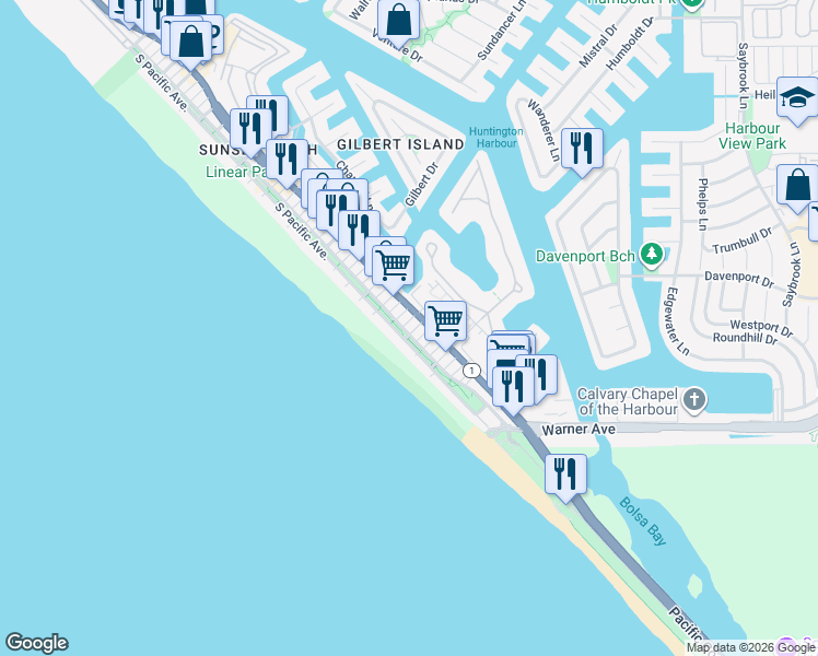 map of restaurants, bars, coffee shops, grocery stores, and more near 16975 8th Street in Huntington Beach