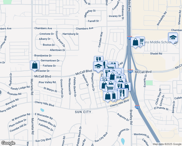 map of restaurants, bars, coffee shops, grocery stores, and more near 27961 Winged Foot Drive in Menifee