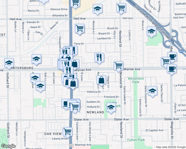 map of restaurants, bars, coffee shops, grocery stores, and more near 8201 Warner Avenue in Huntington Beach