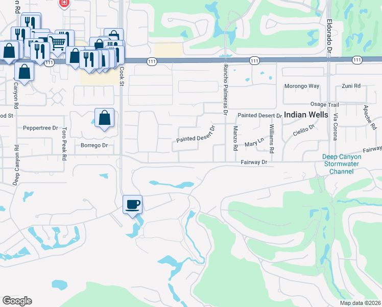 map of restaurants, bars, coffee shops, grocery stores, and more near 75325 Purple Hills Road in Indian Wells
