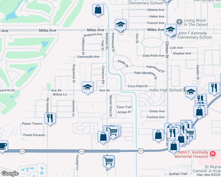 map of restaurants, bars, coffee shops, grocery stores, and more near 81033 Jamie Way in Indio