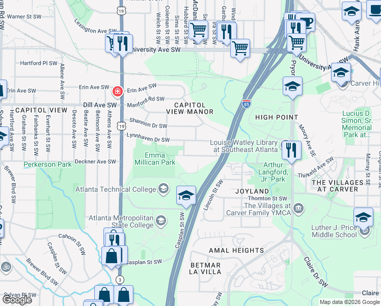 map of restaurants, bars, coffee shops, grocery stores, and more near 435 Deckner Avenue Southwest in Atlanta