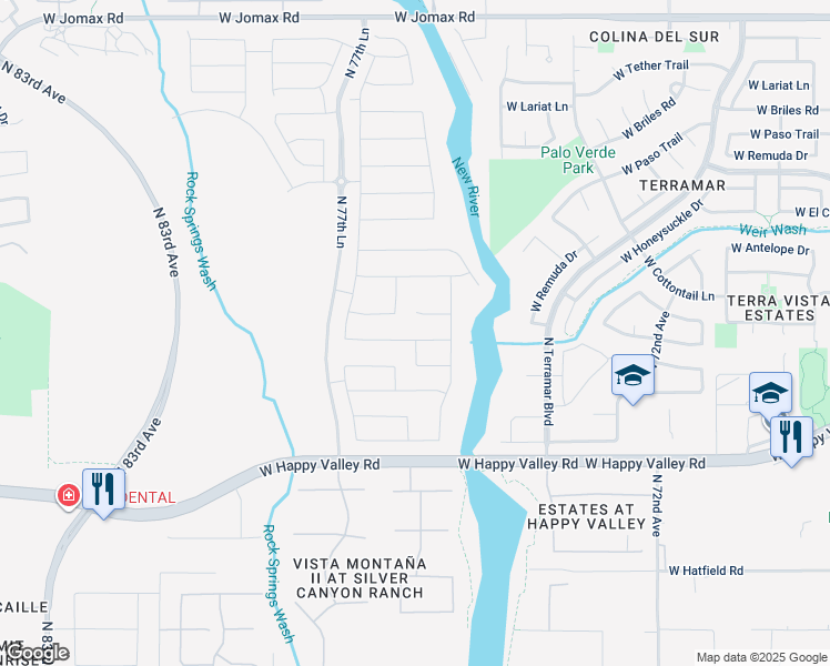 map of restaurants, bars, coffee shops, grocery stores, and more near 7481 West Remuda Drive in Peoria