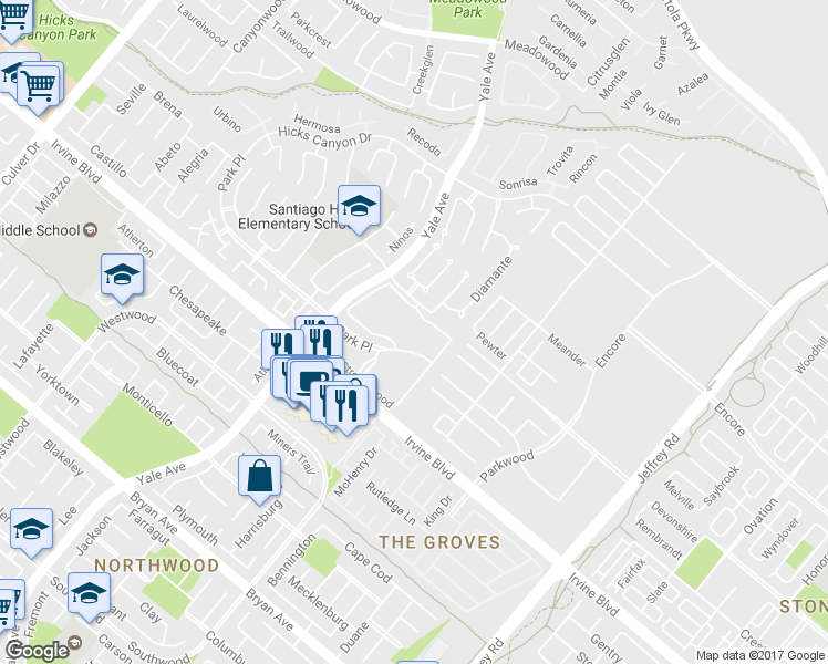 map of restaurants, bars, coffee shops, grocery stores, and more near 203 Pineview in Irvine