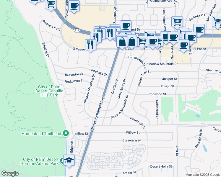 map of restaurants, bars, coffee shops, grocery stores, and more near 45916 California 74 in Palm Desert