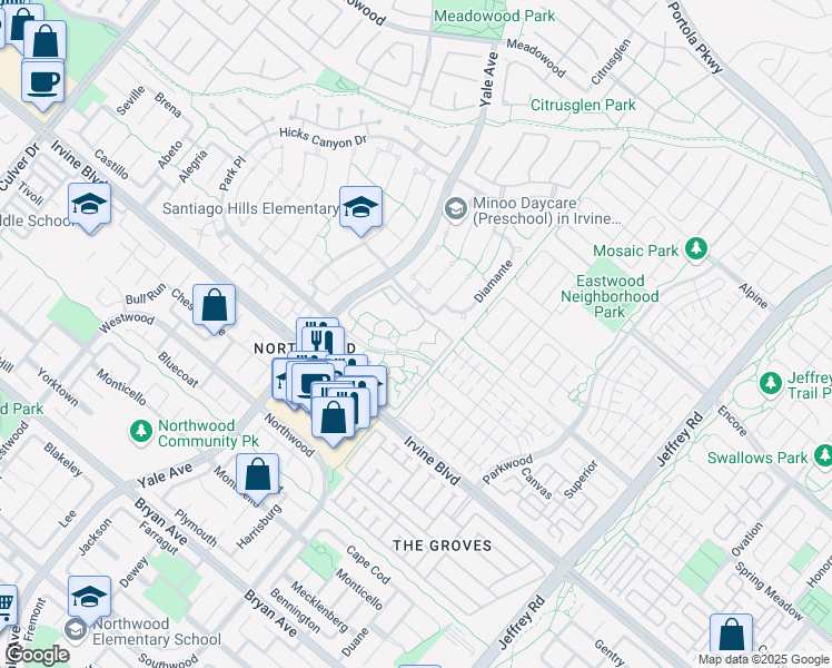 map of restaurants, bars, coffee shops, grocery stores, and more near 203 Pineview in Irvine