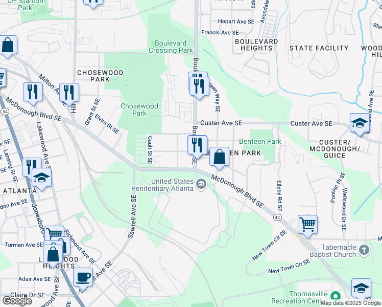 map of restaurants, bars, coffee shops, grocery stores, and more near 589 Federal Terrace Southeast in Atlanta