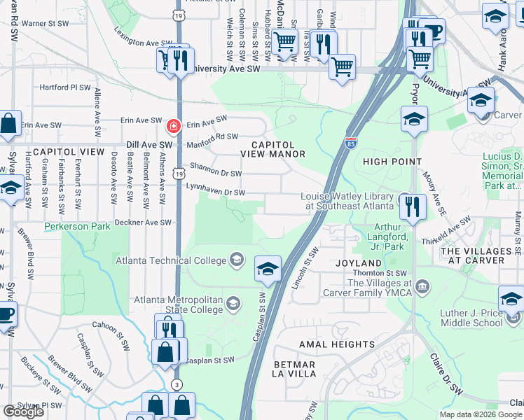 map of restaurants, bars, coffee shops, grocery stores, and more near 461 Deckner Avenue Southwest in Atlanta