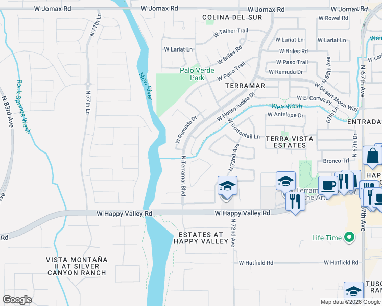 map of restaurants, bars, coffee shops, grocery stores, and more near 11927 West Honeysuckle Drive in Peoria