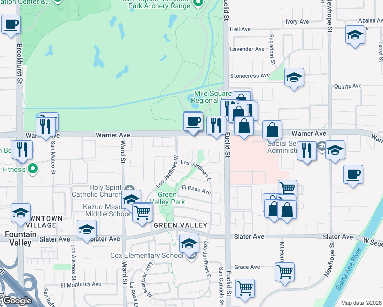 map of restaurants, bars, coffee shops, grocery stores, and more near 17077 Los Modelos Street in Fountain Valley