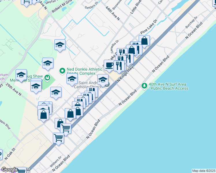 map of restaurants, bars, coffee shops, grocery stores, and more near 502 37th Avenue North in Myrtle Beach