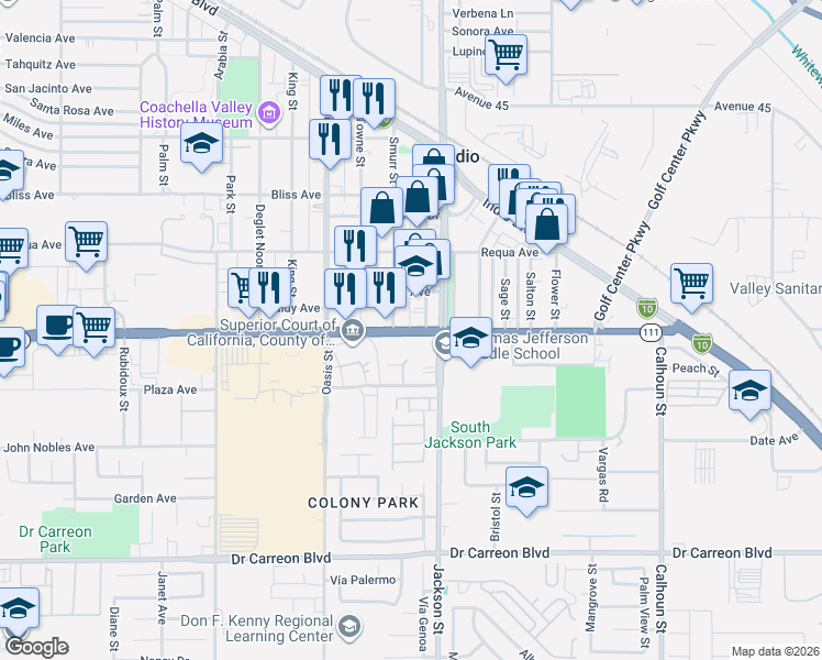 map of restaurants, bars, coffee shops, grocery stores, and more near 82950 California 111 in Indio