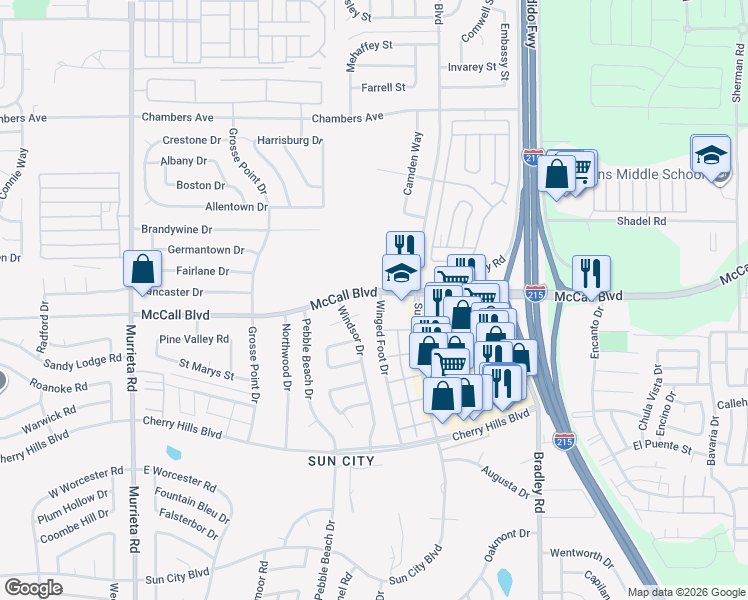 map of restaurants, bars, coffee shops, grocery stores, and more near 26570 McCall Boulevard in Menifee