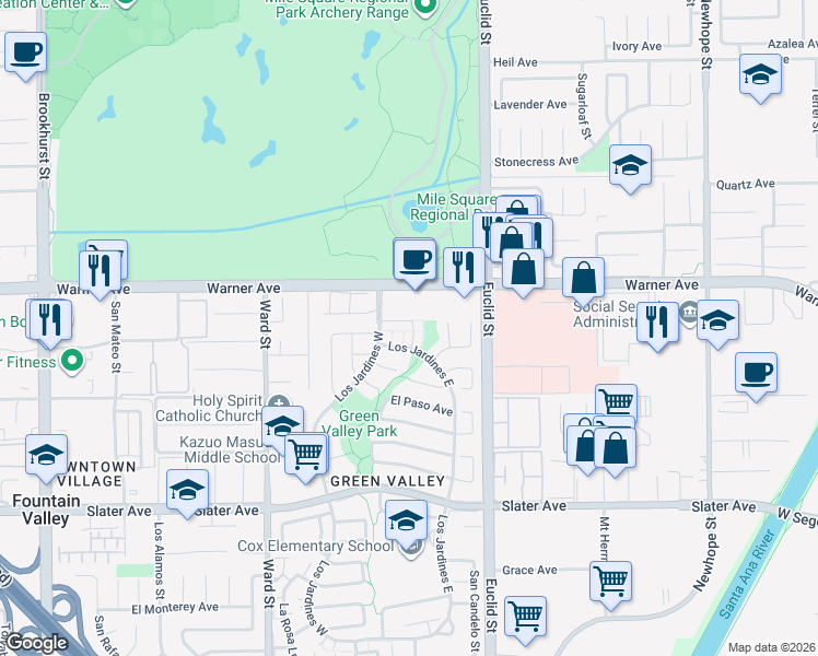map of restaurants, bars, coffee shops, grocery stores, and more near 17077 Los Modelos Street in Fountain Valley
