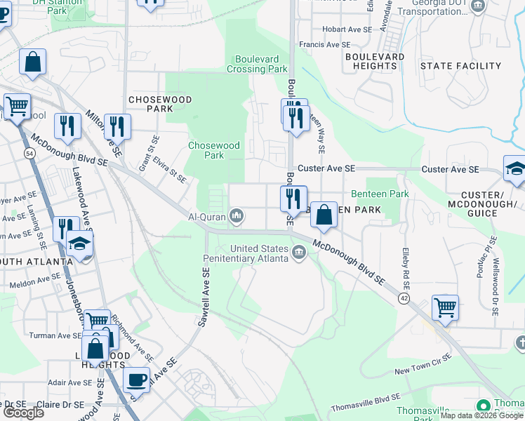 map of restaurants, bars, coffee shops, grocery stores, and more near 1439 Park Avenue Southeast in Atlanta
