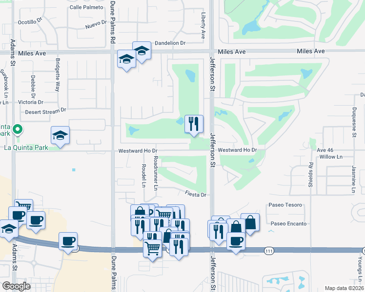 map of restaurants, bars, coffee shops, grocery stores, and more near 79851 Carmel Valley Avenue in Indio