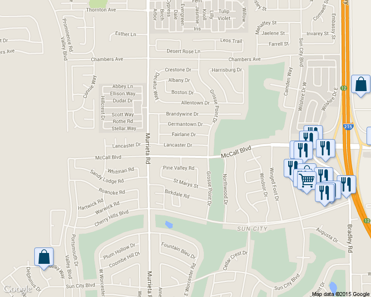 map of restaurants, bars, coffee shops, grocery stores, and more near 26181 Lancaster Drive in Menifee