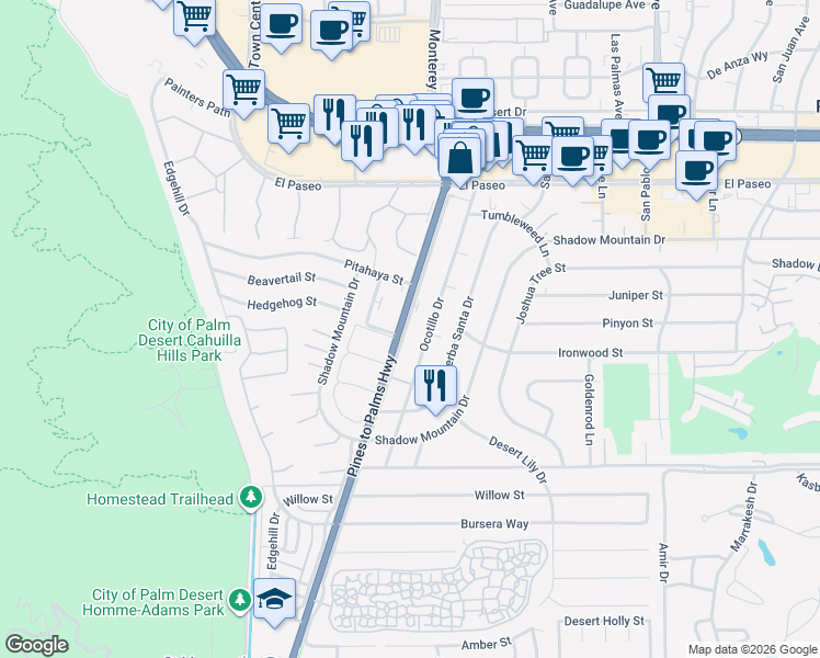map of restaurants, bars, coffee shops, grocery stores, and more near 45900 California 74 in Palm Desert