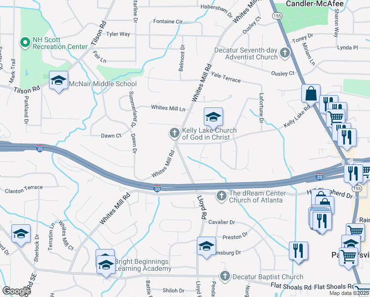map of restaurants, bars, coffee shops, grocery stores, and more near 2543 Kelly Lake Road in Decatur