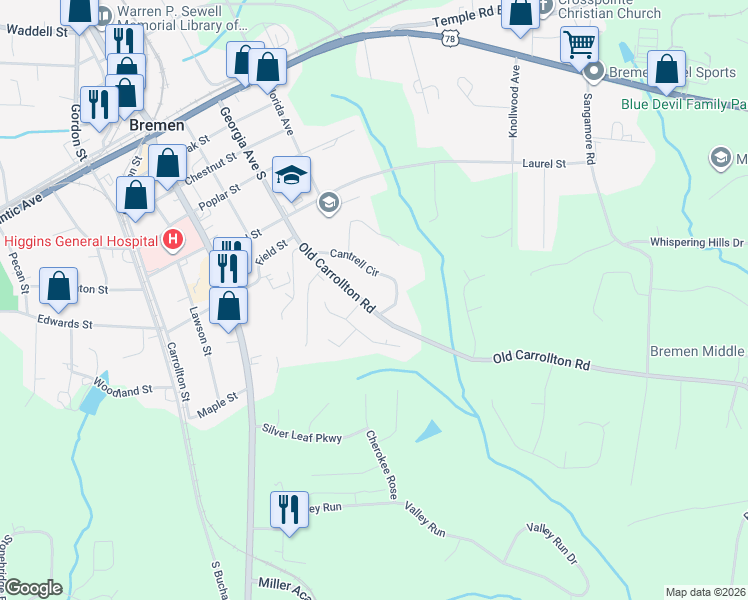 map of restaurants, bars, coffee shops, grocery stores, and more near 627 Cantrell Drive in Bremen