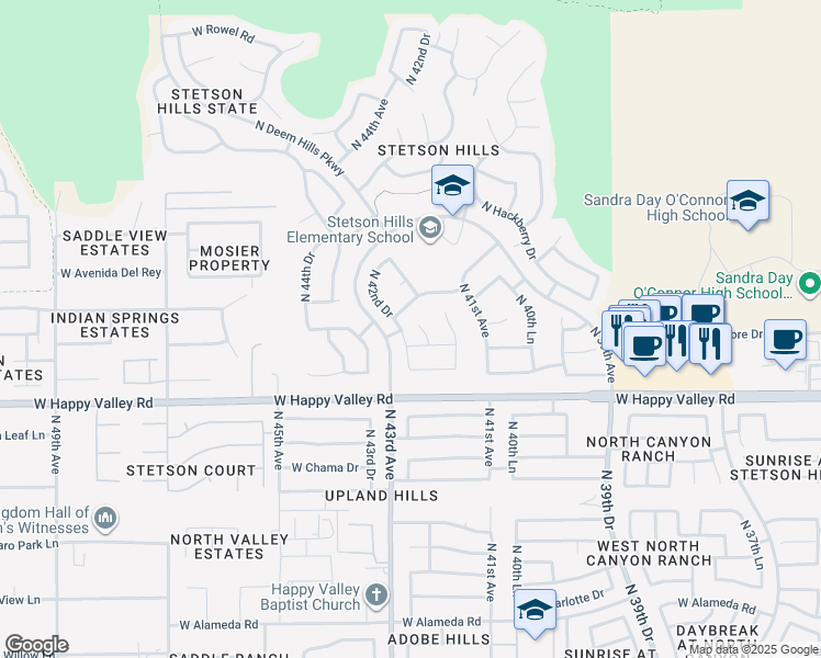 map of restaurants, bars, coffee shops, grocery stores, and more near 25216 North 42nd Avenue in Phoenix